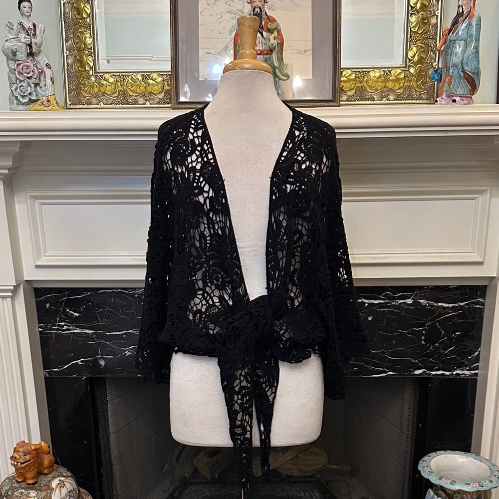 “Raj” Black Crochet Tie-Front Cardigan